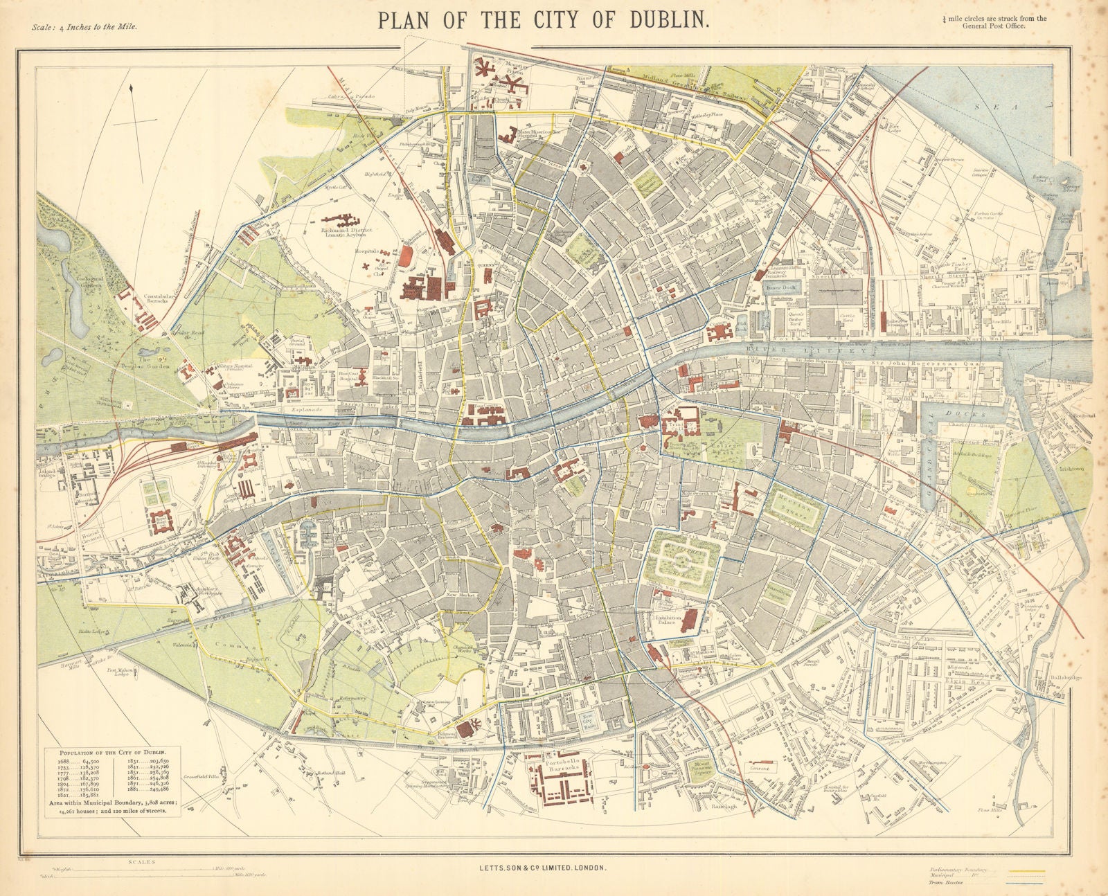 DUBLIN antique town city map plan. Railways tram routes stations. LETTS 1892